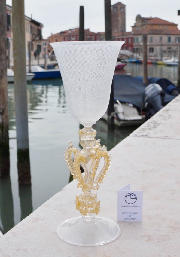 Exclusive Venetian Glass Goblet In “FILIGRANA” And Gold - Murano Art
