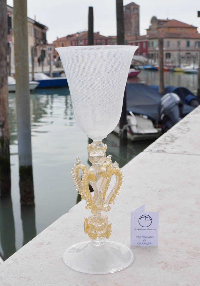 Exclusive Venetian Glass Goblet In “FILIGRANA” And Gold – Murano Art