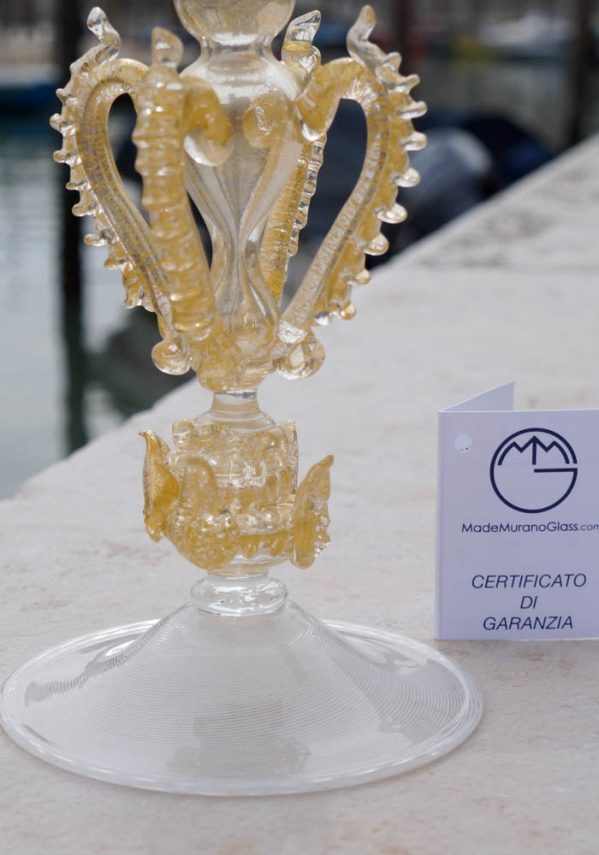 Exclusive Venetian Glass Goblet In “FILIGRANA” And Gold - Murano Art