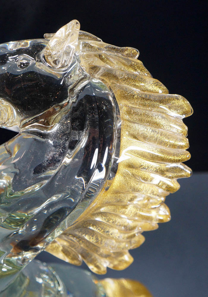 Transparent Crystal Murano Glass Horse With Gold 24kt Details