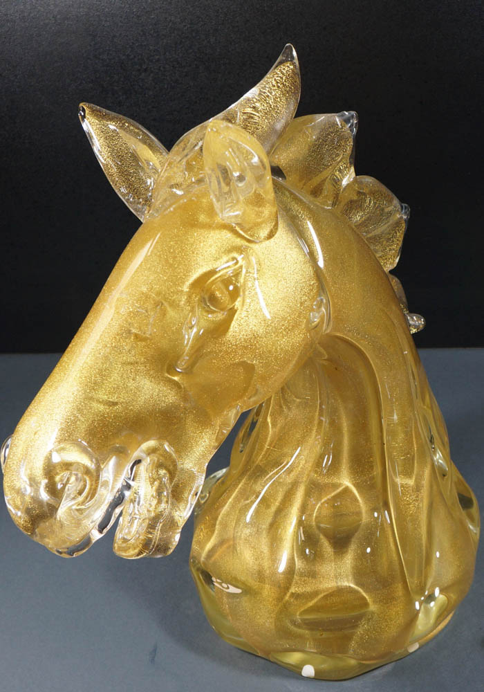 Scultura Testa Di Cavallo In Vetro Murano Con Oro 24kt