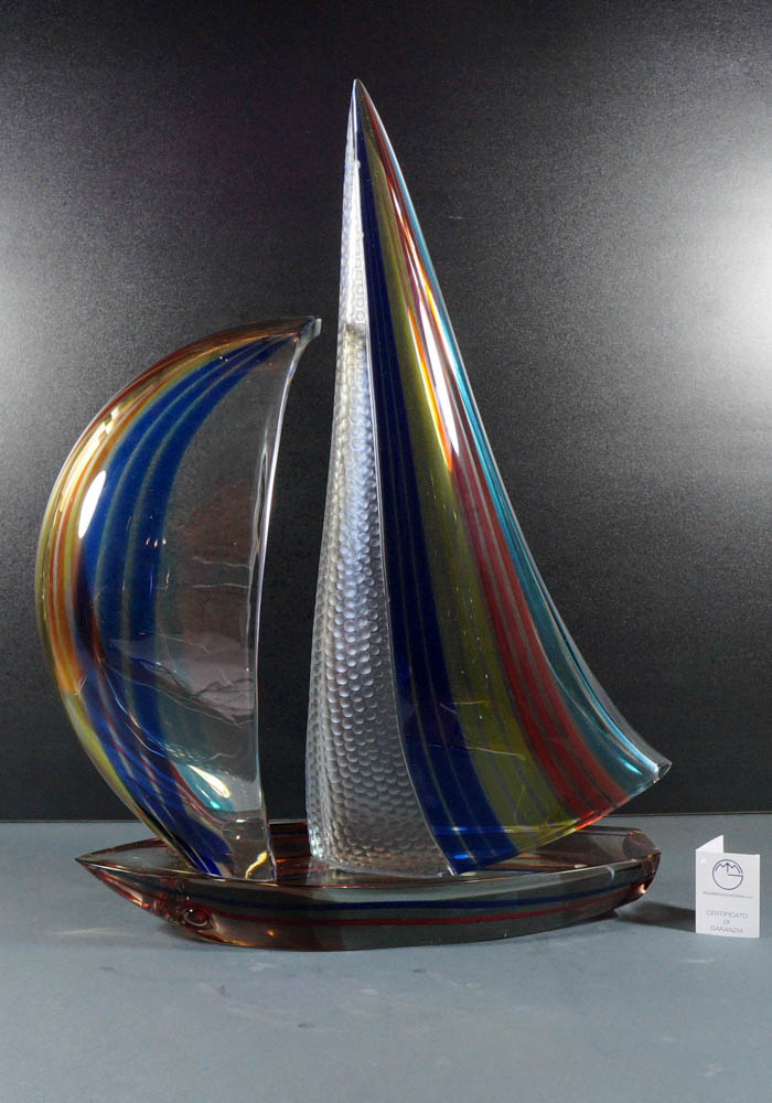 Sculpture Murano Glass Sailboat With Engraved - Venetian Glass -