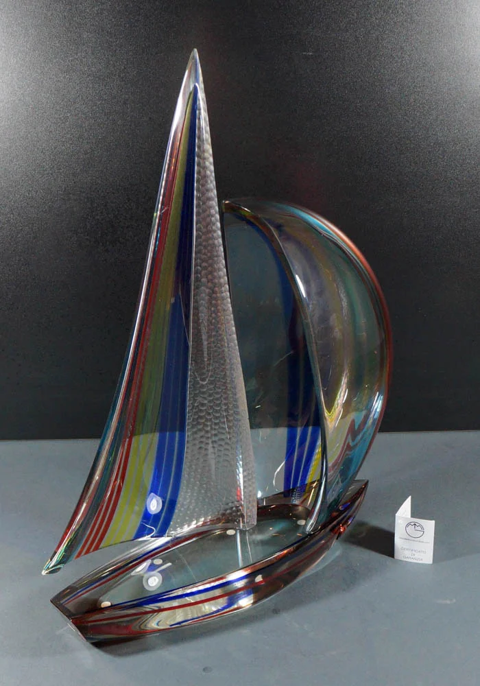 Sculpture Murano Glass Sailboat With Engraved Glass Made