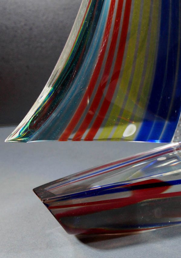 Sculpture Murano Glass Sailboat With Engraved - Venetian Glass -