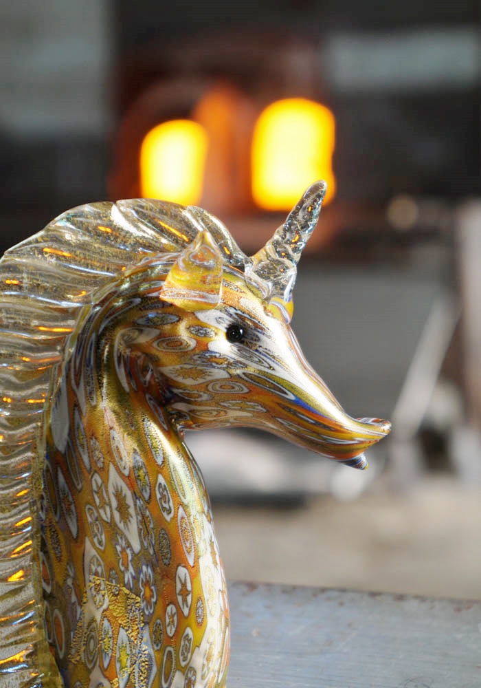 Murano Glass Animals - Unicorn  With Murrina And Gold - Venetian Glass