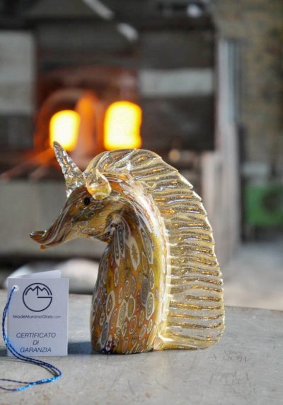 Murano Glass Animals – Unicorn  With Murrina And Gold – Venetian Glass