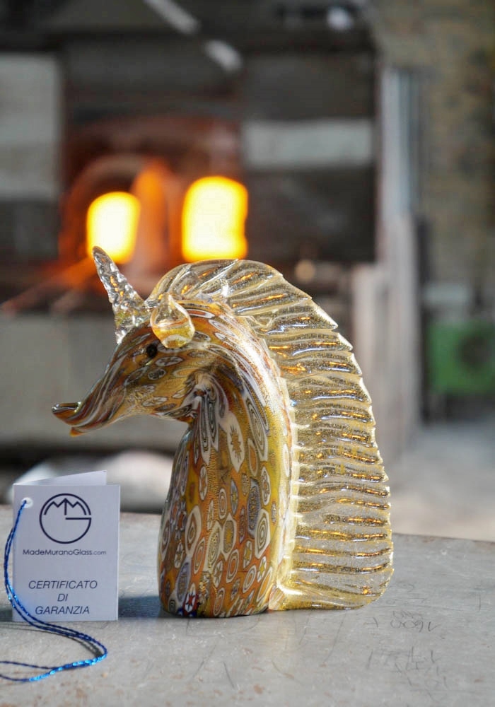 Murano Glass Animals – Unicorn  With Murrina And Gold – Venetian Glass