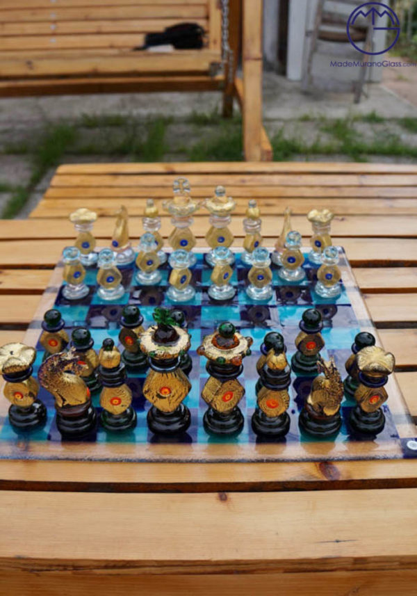 Murano Glass Hexagonal Chessboard With Gold 32 Carats
