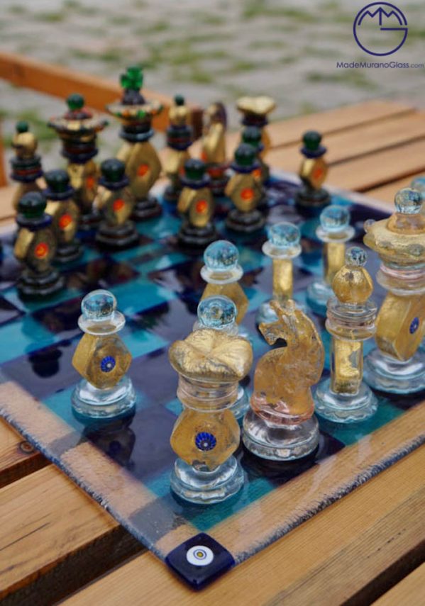 Murano Glass Hexagonal Chessboard With Gold 32 Carats