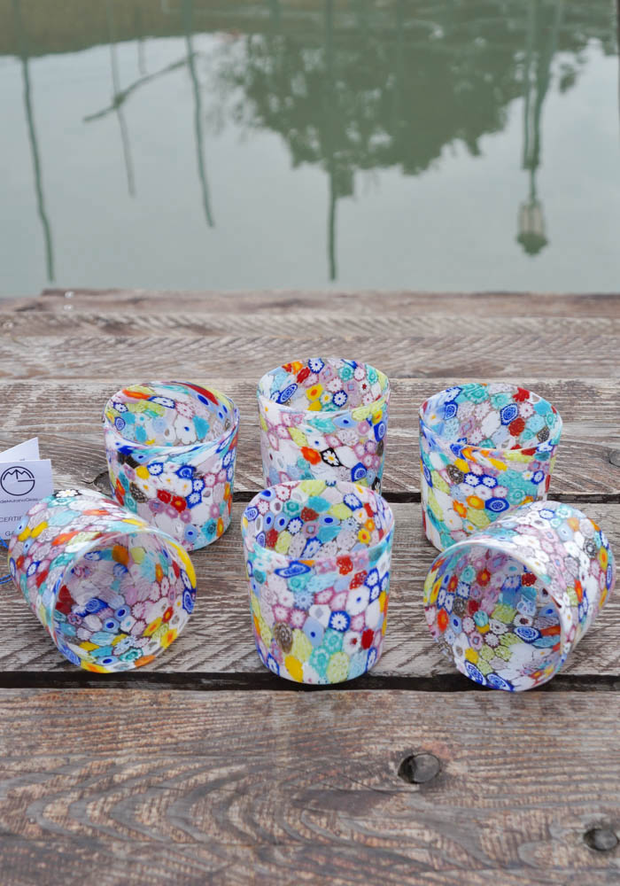 Set Of 6 Murano Drinking Glasses + Jug With Murrina Millefiori