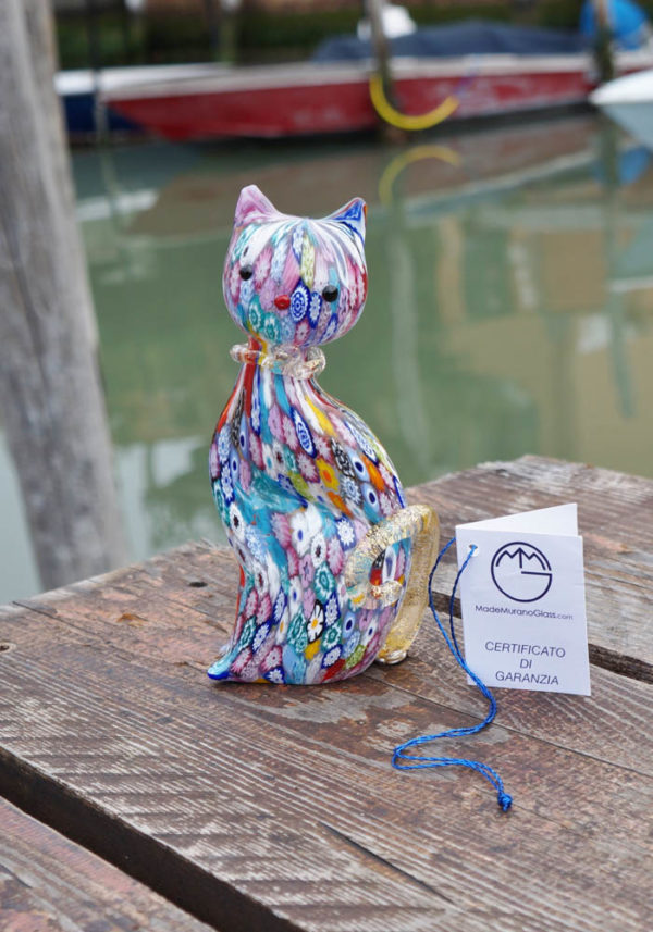Murano Glass Animals - Big Cat With Murrina And Gold - Venetian Glass