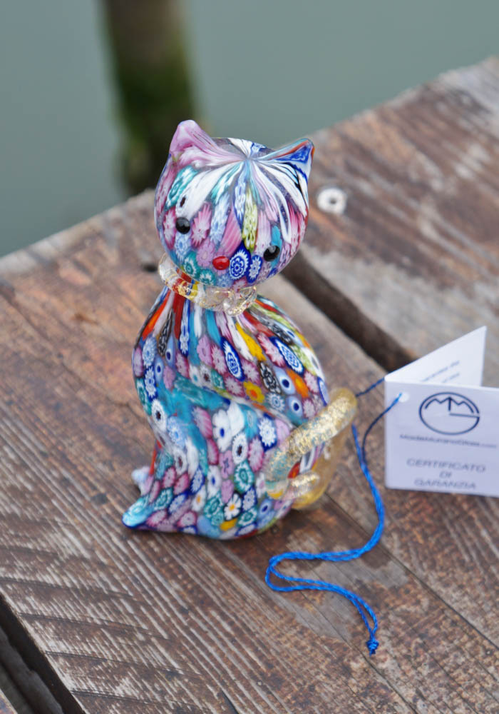 Murano Glass Animals - Big Cat With Murrina And Gold - Venetian Glass