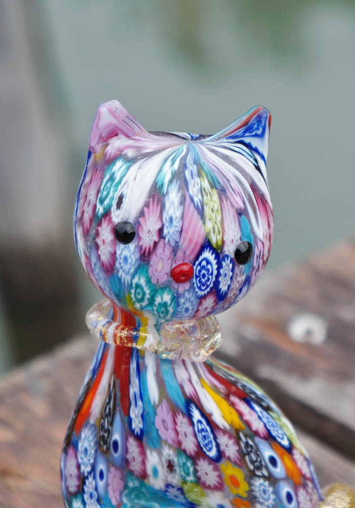 Murano Glass Animals - Big Cat With Murrina And Gold - Venetian Glass