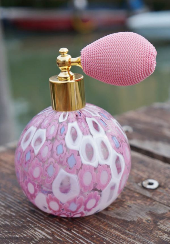 Bottiglia Porta Profumo Rosa In Vetro Murano Con Murrina - Vetro Artistico