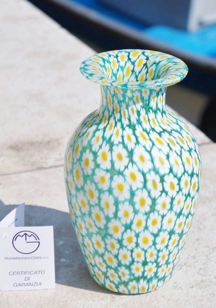 Murano Glass Vase Flowers With Murrina Millefiori Made Murano Glass