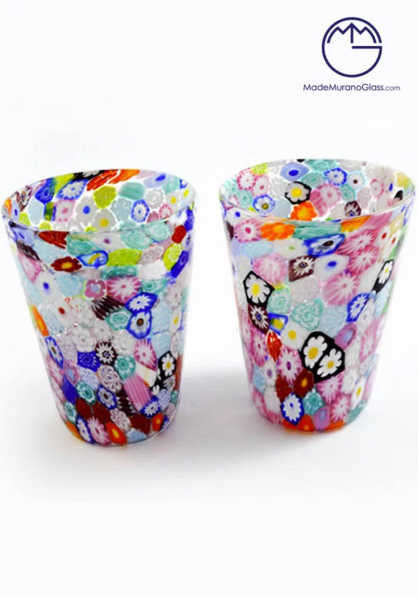 Set Of 2 Murano Wine Glasses With Murrina Millefiori - Murano Glass