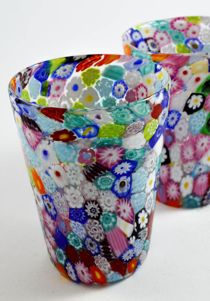 Set Of 2 Murano Wine Glasses With Murrina Millefiori Murano Glass