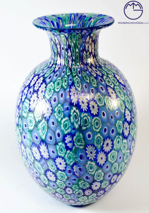 Oval Venetian Glass Vase With Murrina And Gold Leaf 24 Carats - Murano