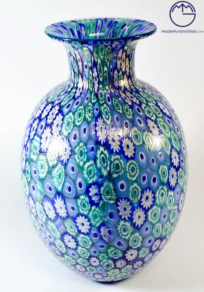 Oval Venetian Glass Vase With Murrina And Gold Leaf 24 Carats