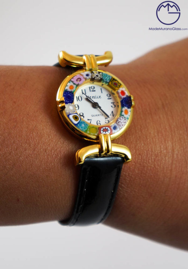 Elena Orologio Da Polso Vetro Murano Nero Murrina Millefiori Made Murano Glass