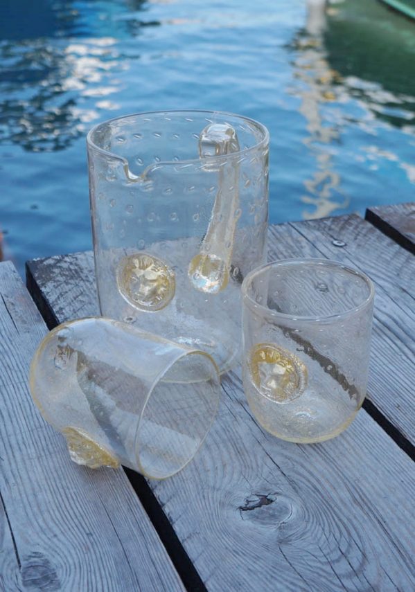 Set Di 2 Bicchieri Vetro Murano Con Caraffa - Teste Di Leone