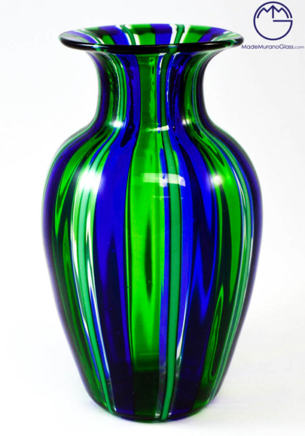 Venetian Glass Vase In Pipe Green And Blue