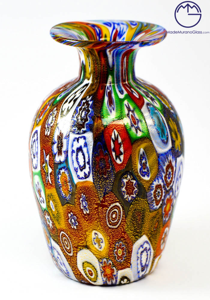 Venetian Glass Vase “MIGNON” With Murrina Millefiori And Gold