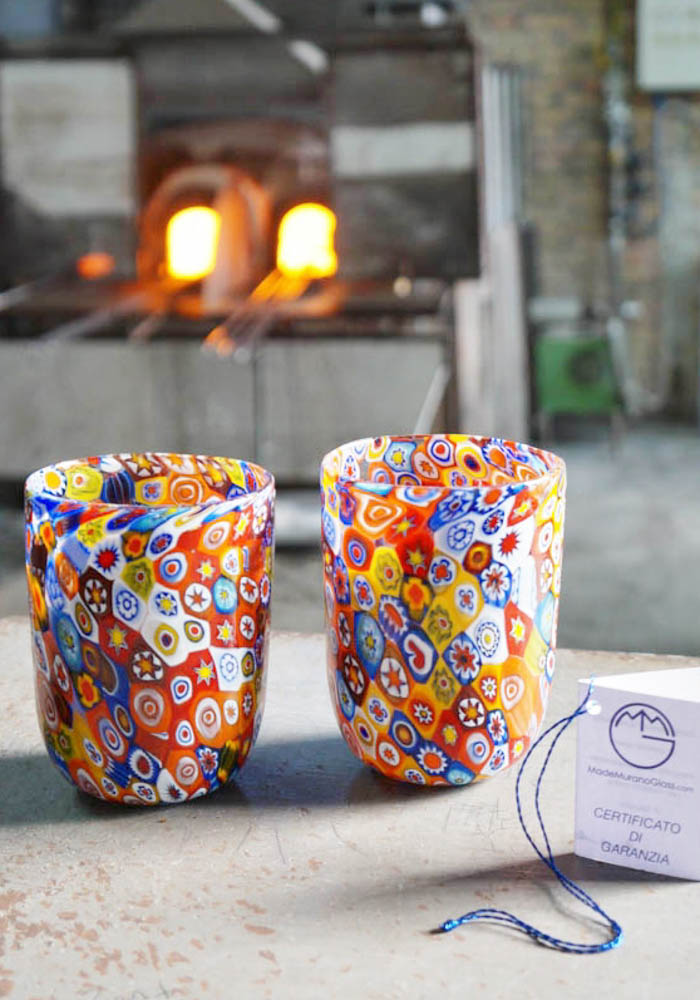 Mosa - Set Of Two Murano Drinking Glasses With Murrina Millefiori