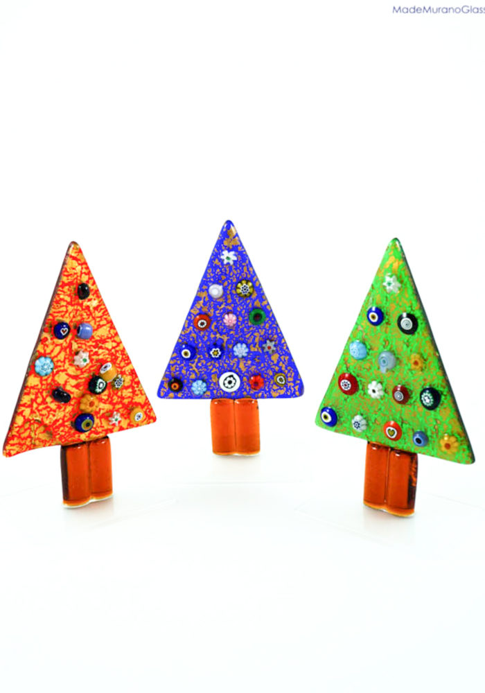 3 Christmas Trees With Murrina And Gold Murano Glass Ornaments Made Murano Glass