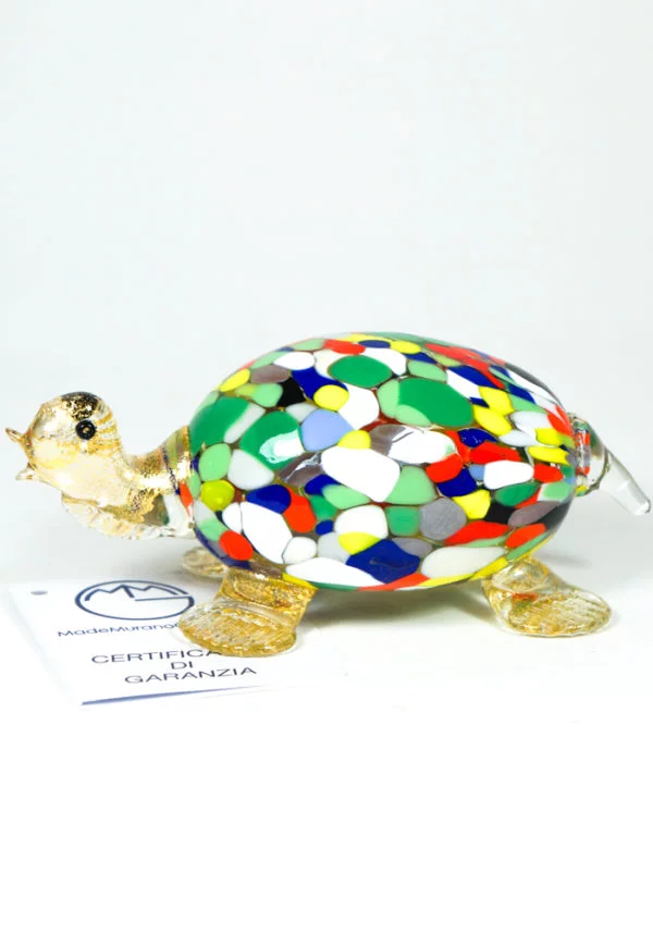 Murano Glass Animal Turtle With Mace Multicolor And Gold - Made Murano Glass