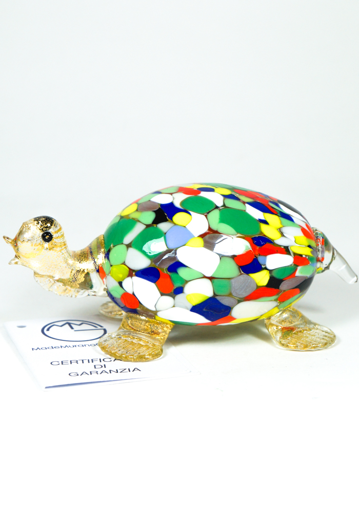 Murano Glass Animal Turtle With Mace Multicolor And Gold - Made Murano Glass