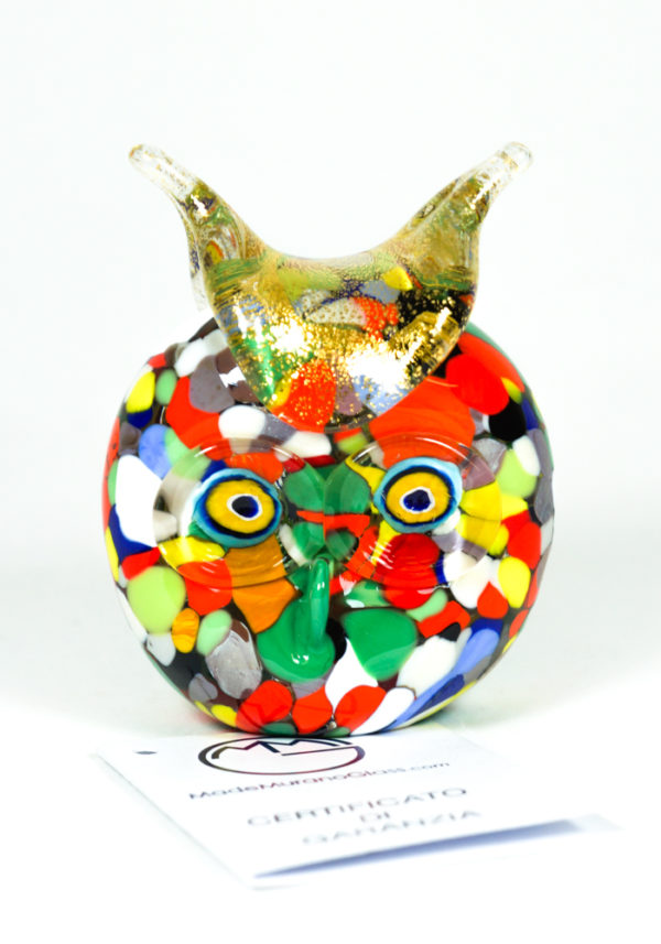 Murano Glass Animal Owl With Mace Multicolor And Gold - Made Murano Glass