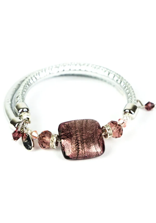 Mamy - Murano Glass Bracelet - Amethyst Silver Leaf