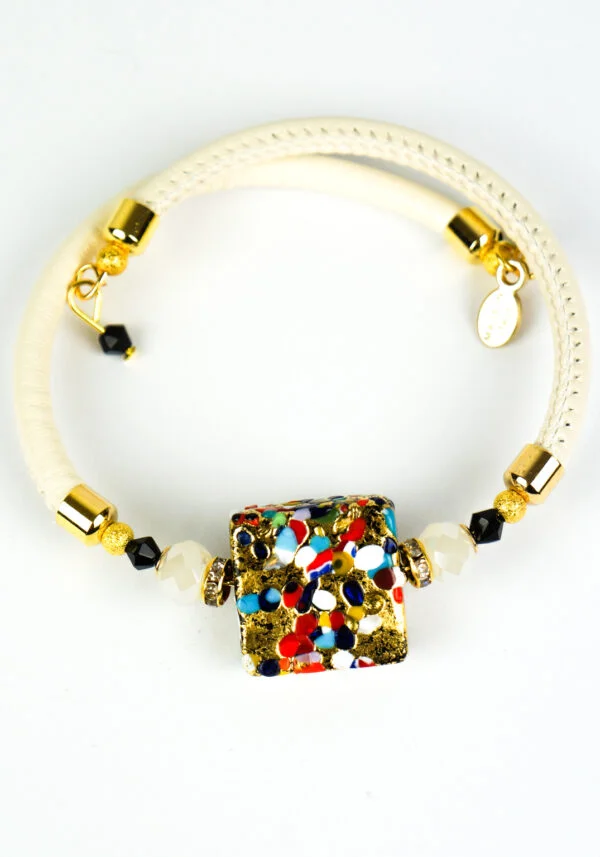 Bracciale da Donna con perla in Vetro di Murano Originale e vera pelle Toscana, Collezione Kate, con foglia in oro 24kt - Bianco - Venezia Classica
