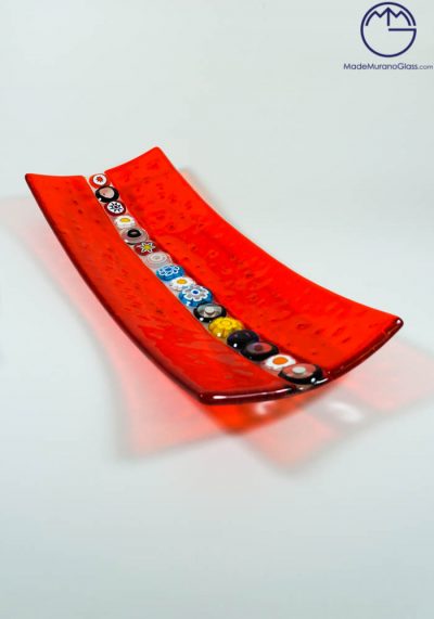 Red Plate With Murrine In Murano Glass - Medium Measure
