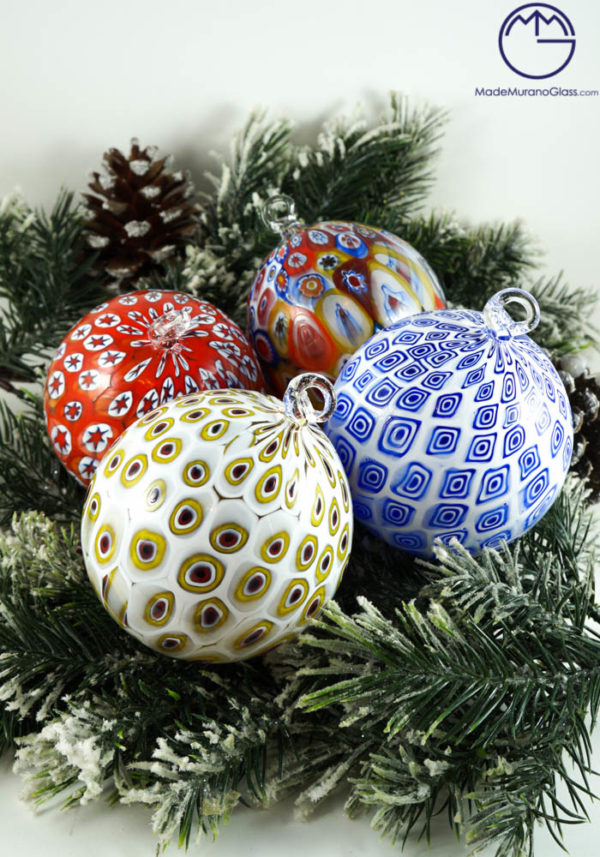 4 Christmas Balls In Venetian Blown Glass With Murrina Millefiori