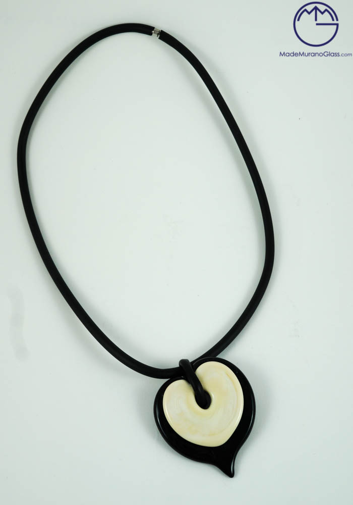 Ava White Black Murano Glass Pendant Heart Made Murano Glass