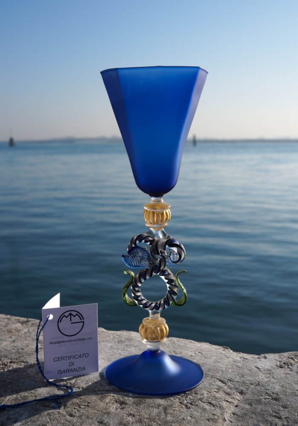 Roma - Venetian Glass Satin Blue Goblet - Murano Art Glass