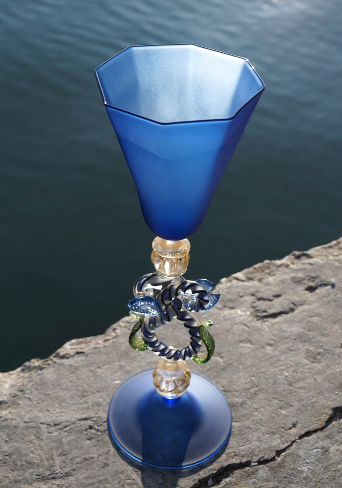 Roma - Venetian Glass Satin Blue Goblet - Murano Art Glass