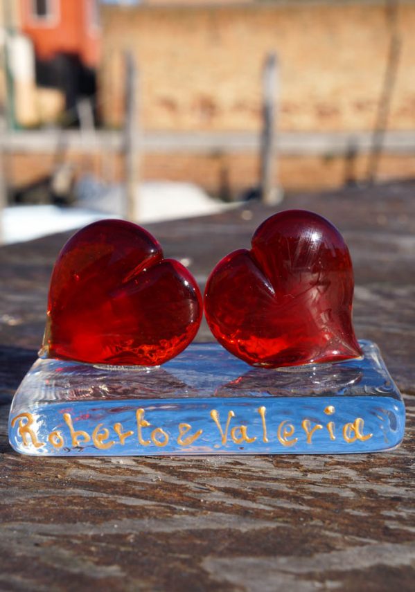 Sculpture Hearts Saint Valentine In Murano Glass - Custom Made Incision With Your Names