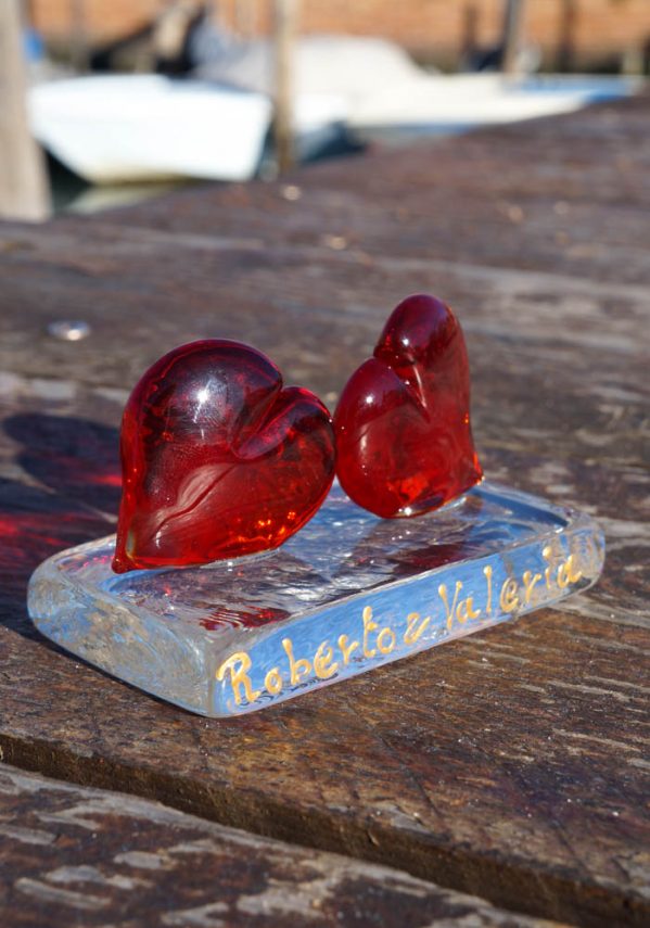 Sculpture Hearts Saint Valentine In Murano Glass - Custom Made Incision With Your Names
