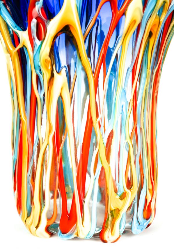 Orisio - Vaso Vetro Soffiato Blu Fili Multicolore