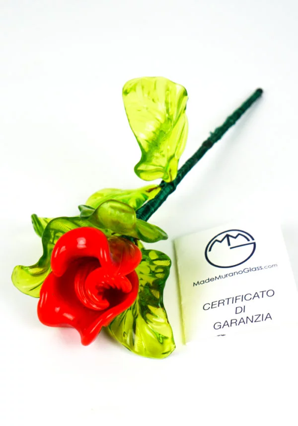 Red Rose Flower With Stem In Murano Glass