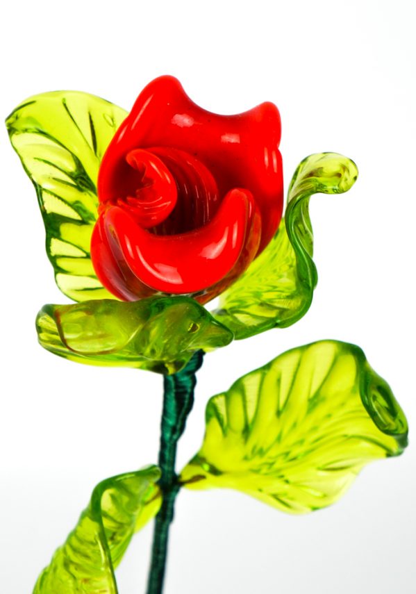 Red Rose Flower With Stem In Murano Glass