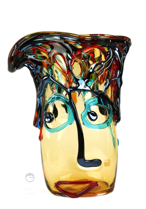 Pablo Picasso、Verre et vase de fleurs Vase Tribute To Pablo Picasso Amber - Made Murano Glass