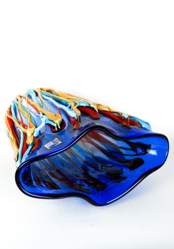 Blureys - Vaso Vetro Soffiato Blu Fili Multicolore