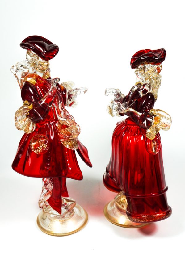 Murano Glass Figurines - Dancers Red And Gold 24 Carats - Made Murano Glass