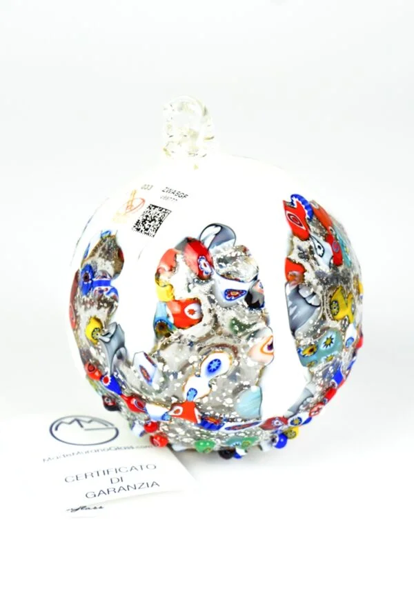 Xmas Ball Murrina Millefiori White With Silver Leaf