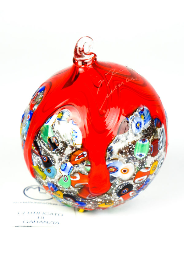 Xmas Ball Murrina Millefiori Red With Silver Leaf