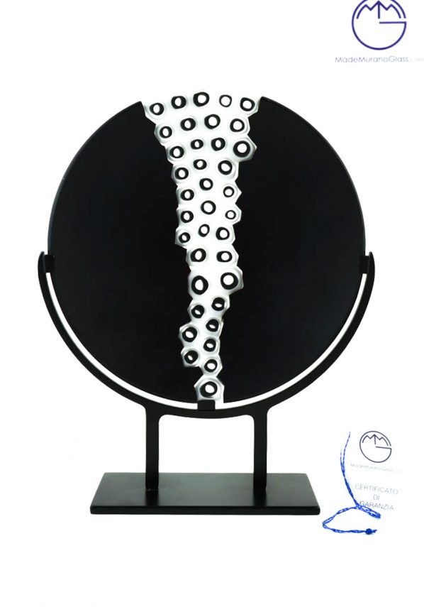 Round Black Plate In Murano Glass With White Murrina